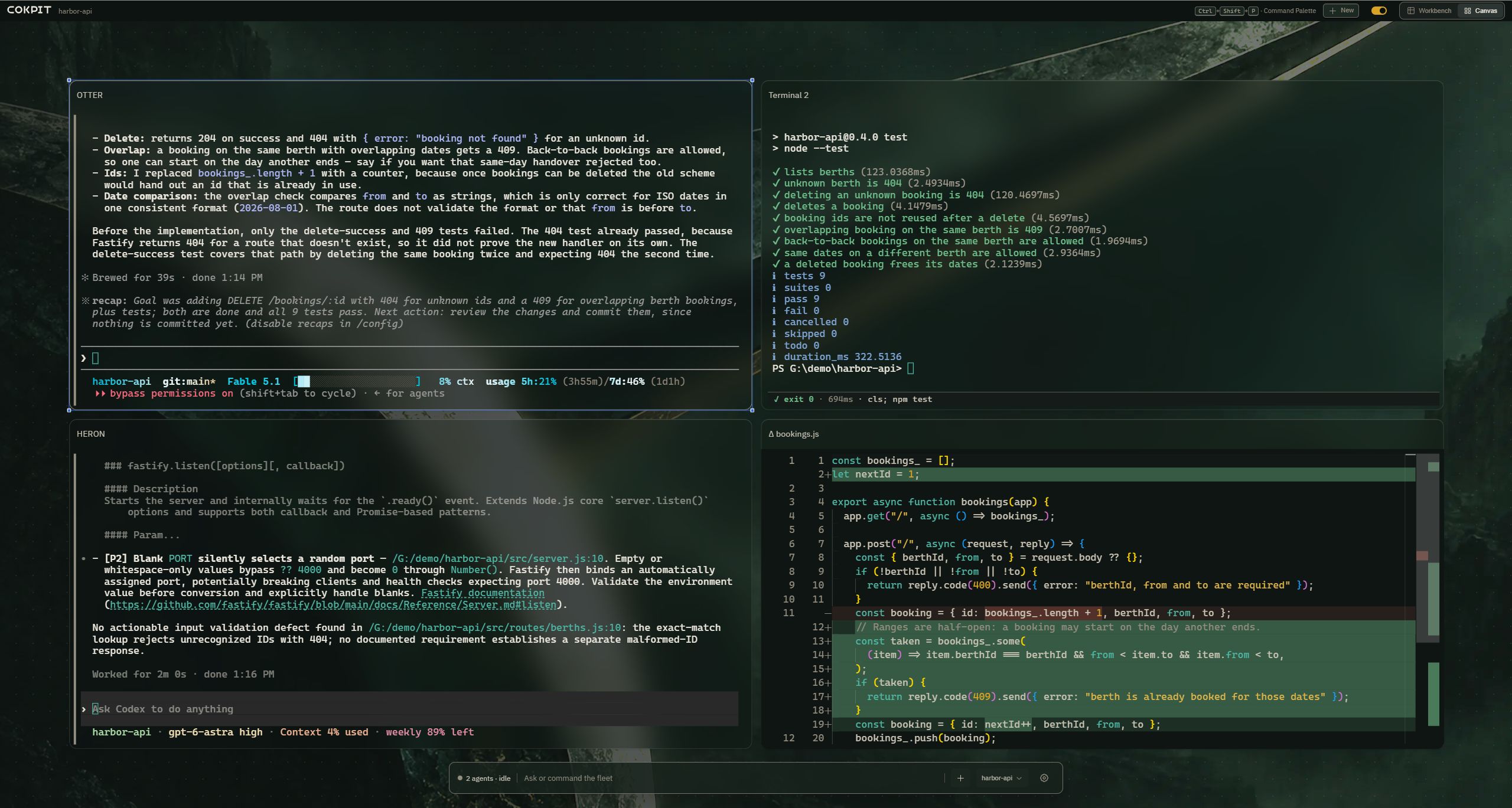 Cokpit canvas view with two coding agents, a terminal running tests and a code diff side by side