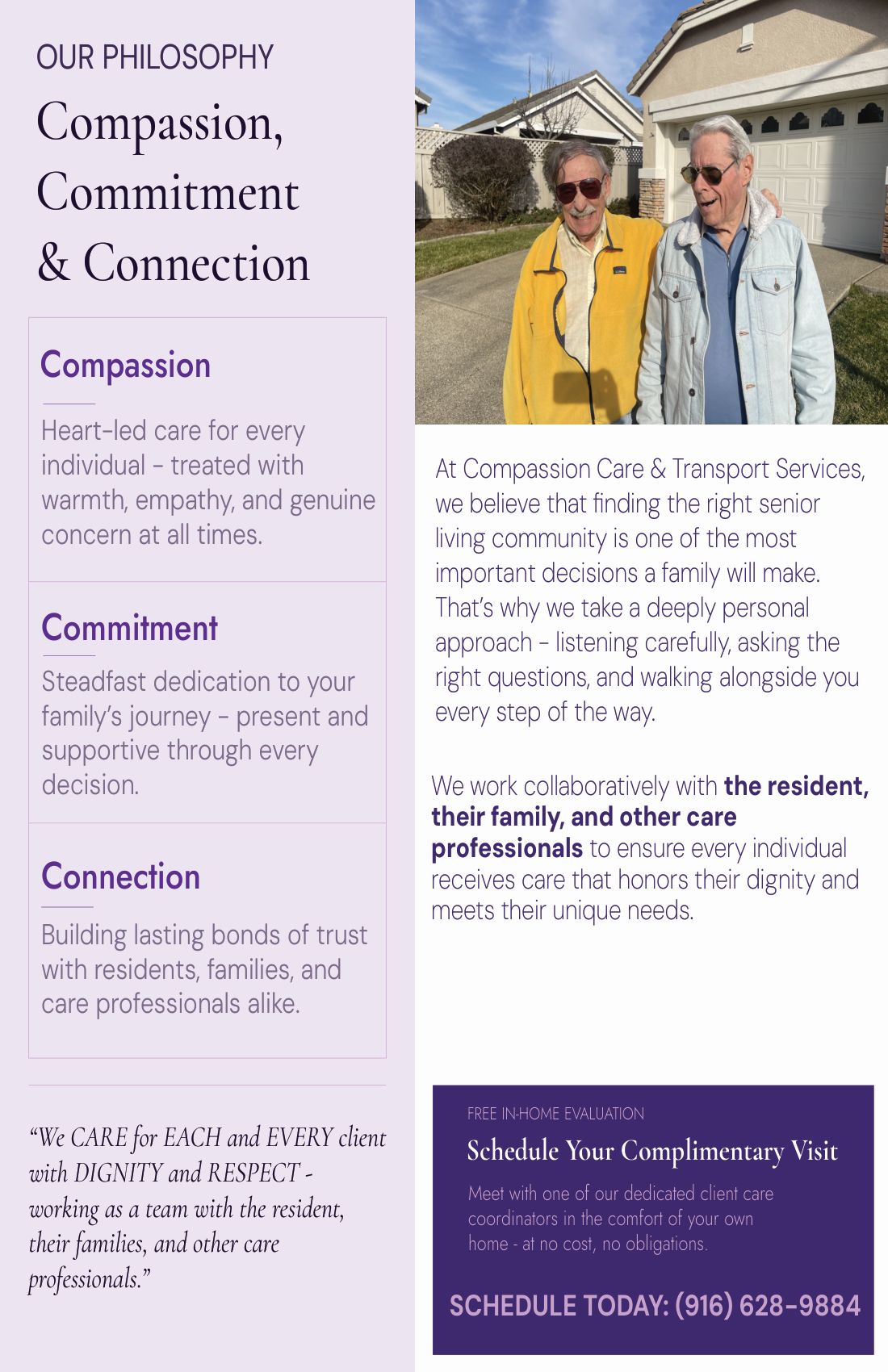 Inside left page listing compassion, commitment and connection