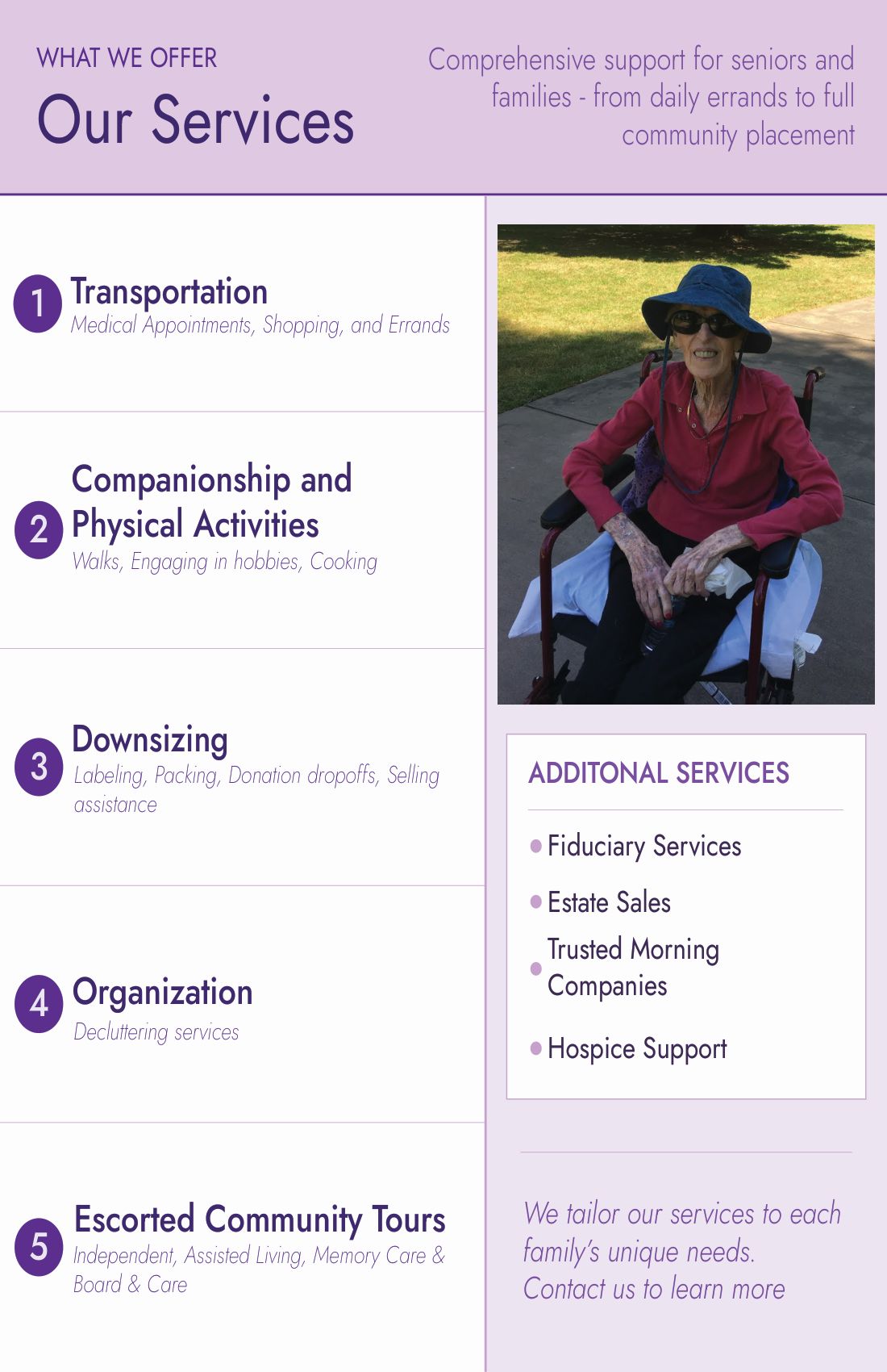 Inside right page listing five numbered services