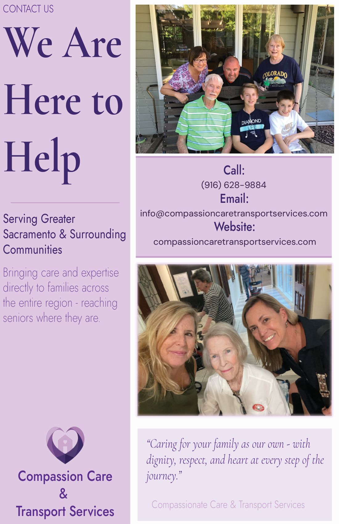Back page with a large headline, contact details and two photos of residents and staff