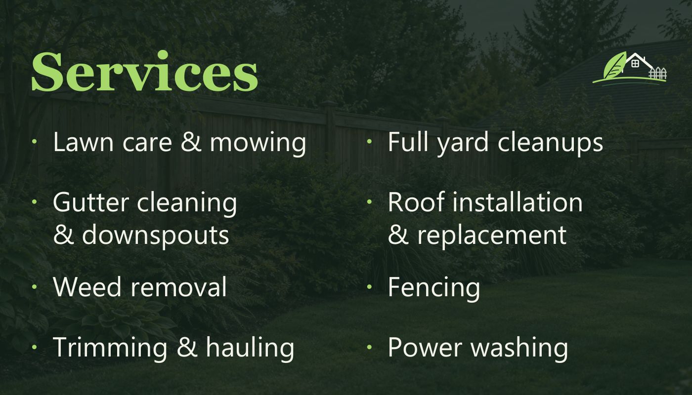 Card back listing yard and roofing services on a dark green ground