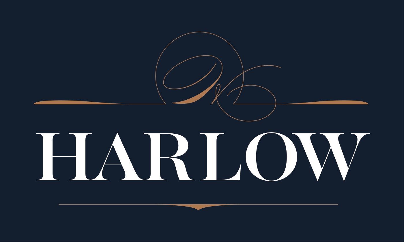 Harlow Wine Co logo lockup in pale lettering and copper flourishes on navy