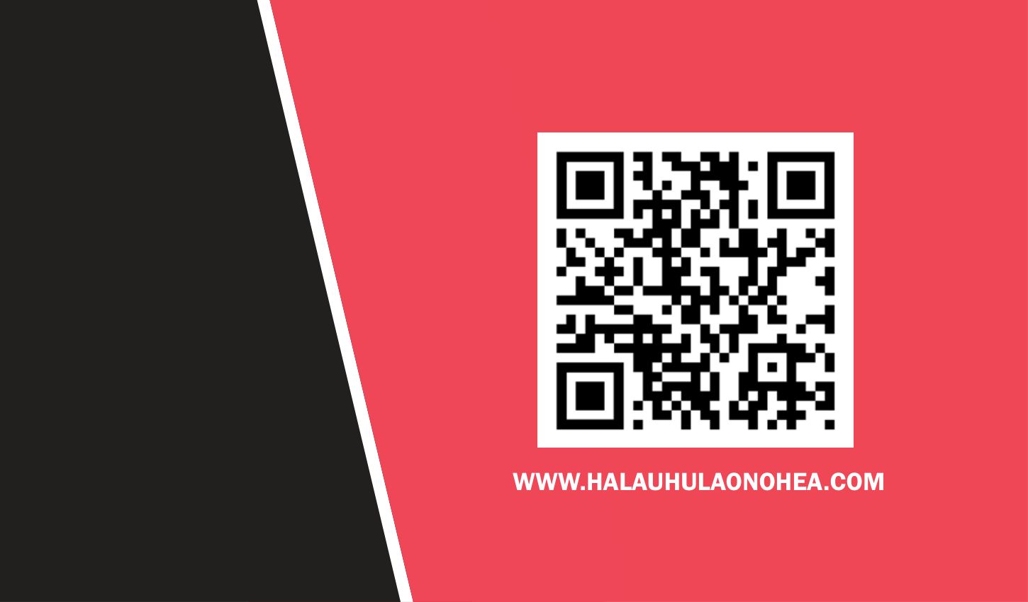 Coral reverse of the business card with a QR code and website
