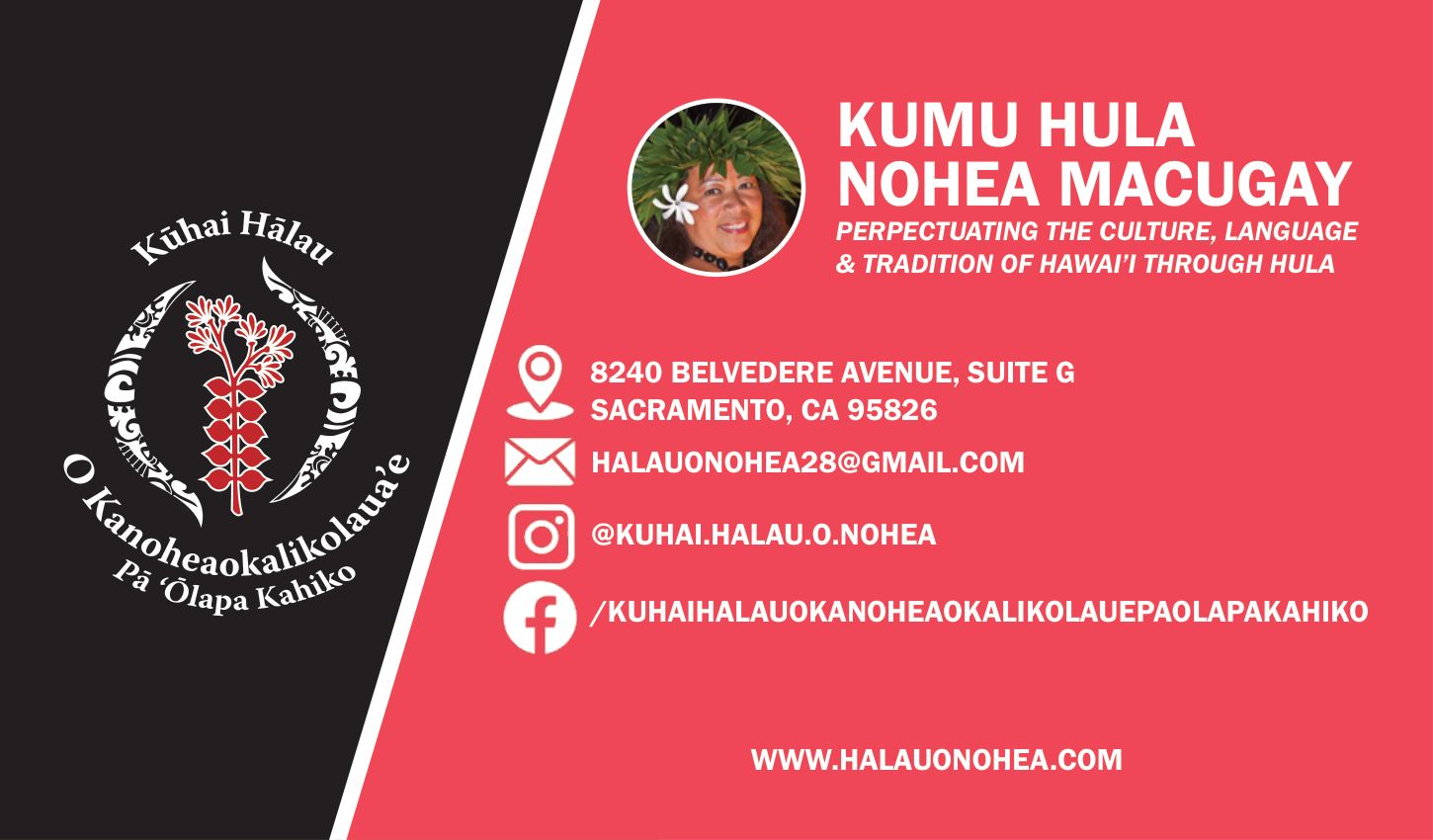 Black and coral business card front with the halau emblem, the kumu's photo and contact details