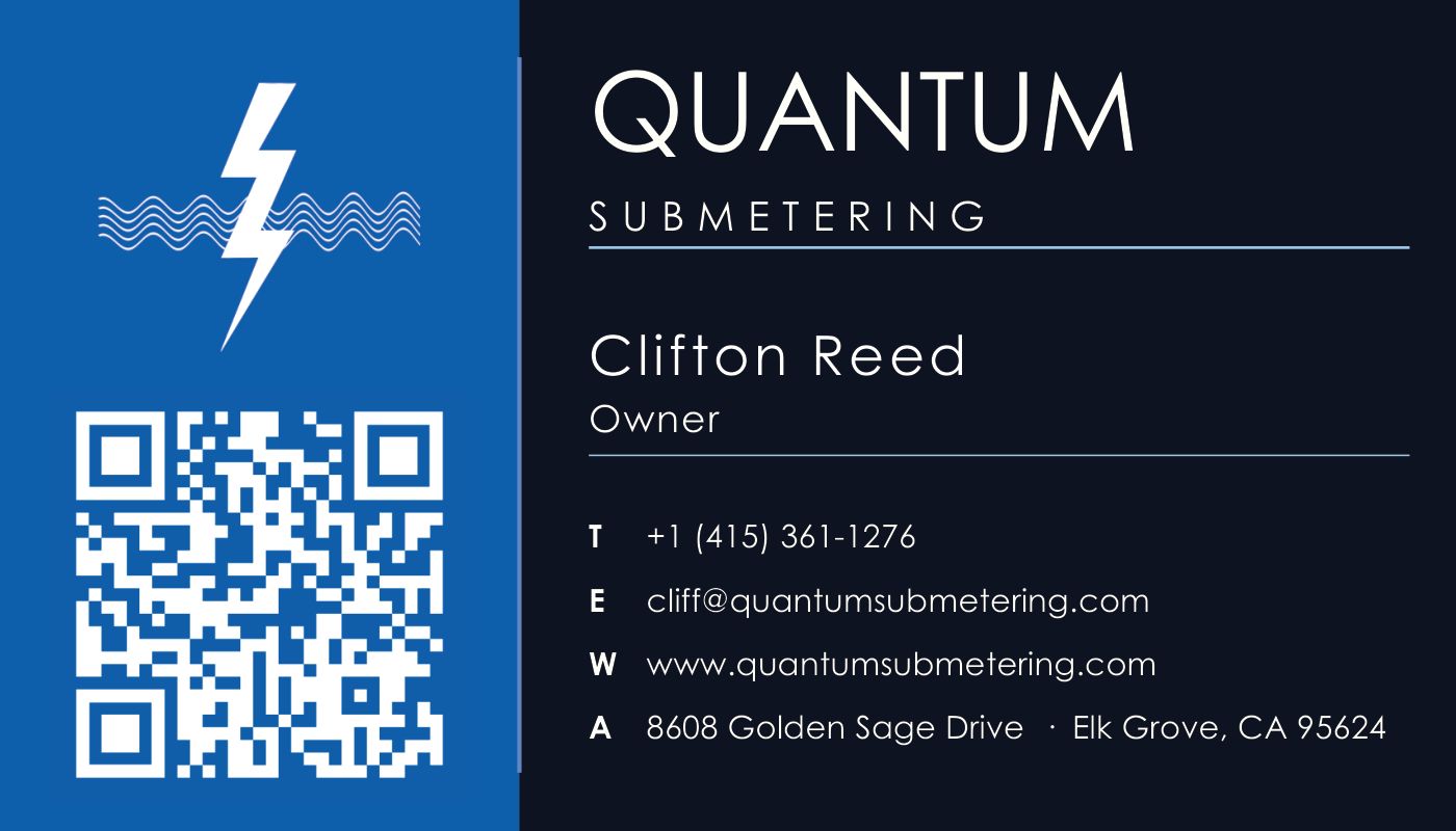 Card back with the owner's name, phone, email, website, address and a QR code